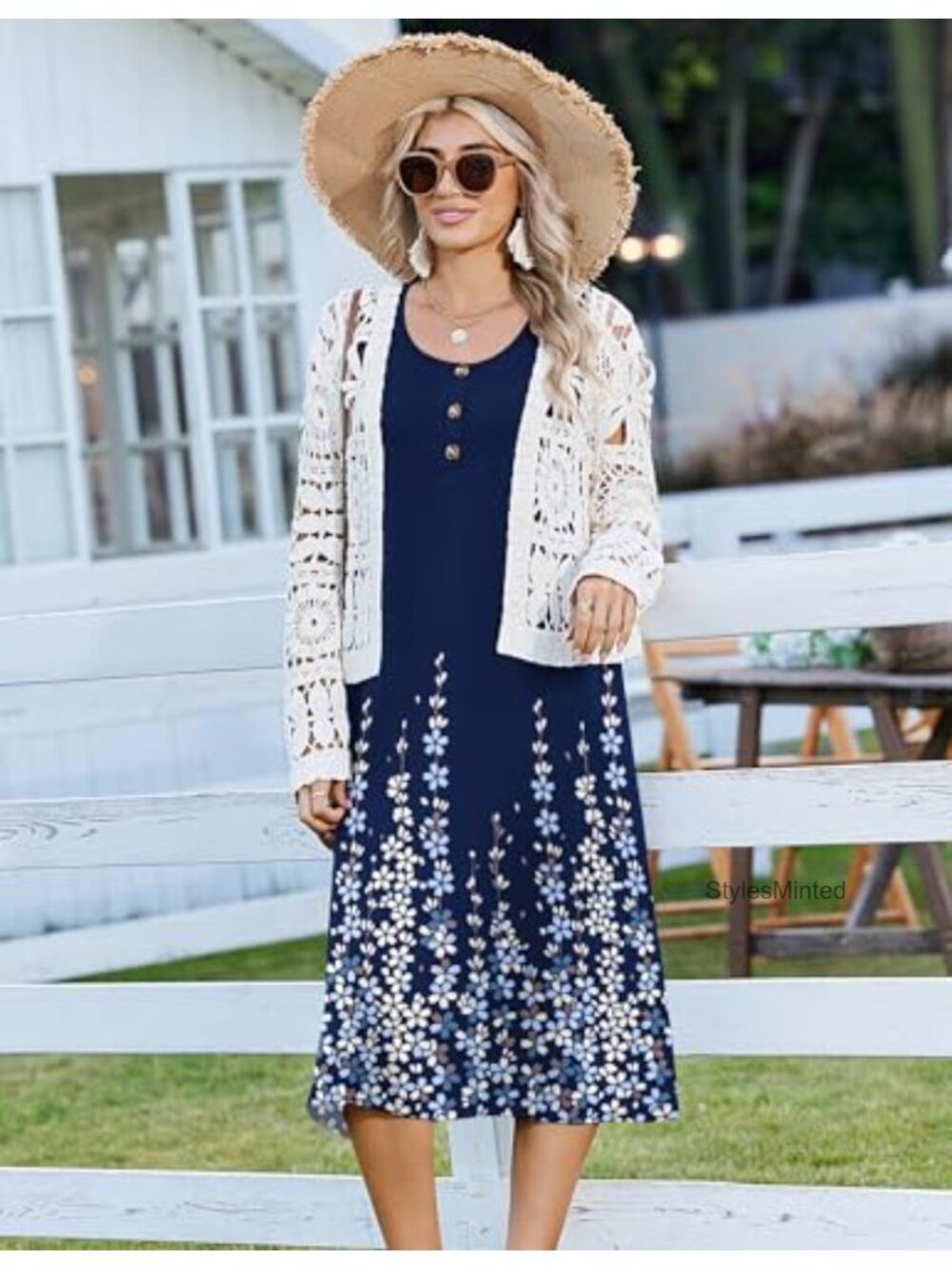 Sleeveless Midi Sundress with Pockets Button Down A-Line Casual Beach Dress - Picture 3 of 6